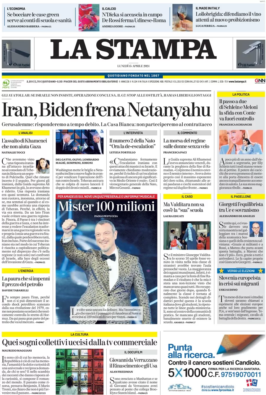 anteprima della prima pagina di la-stampa del 15/04/2024