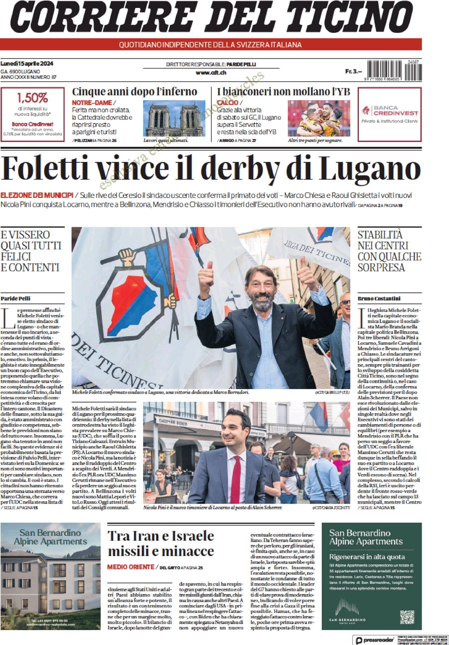 anteprima della prima pagina di corriere-del-ticino del 15/04/2024