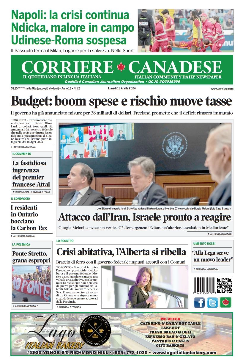 anteprima della prima pagina di corriere-canadese del 15/04/2024