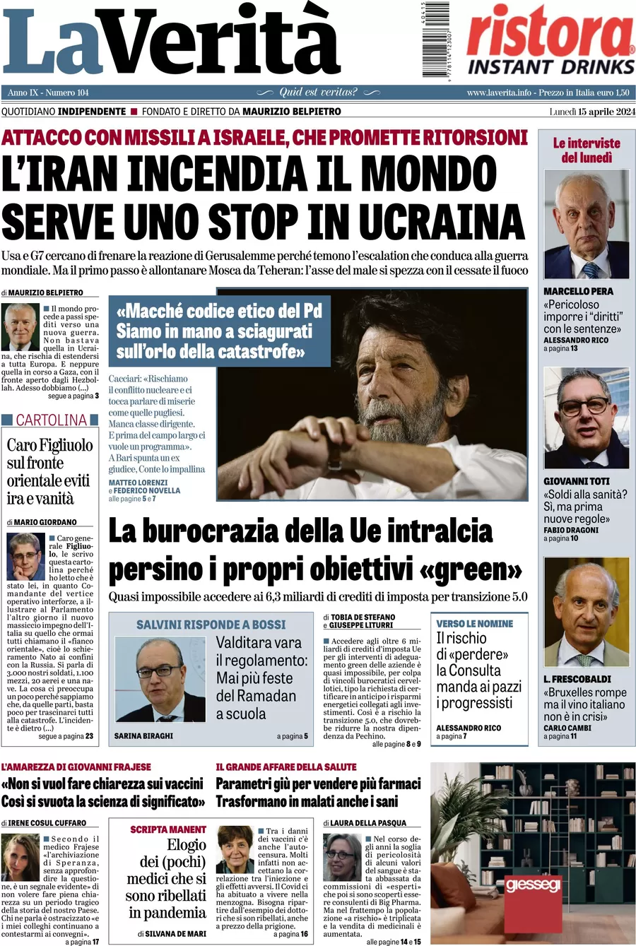 anteprima della prima pagina di la-verit del 15/04/2024