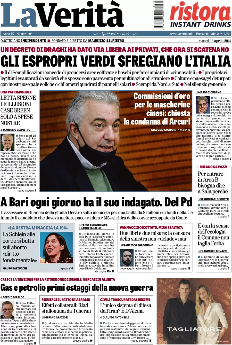 anteprima della prima pagina di la-verit del 16/04/2024