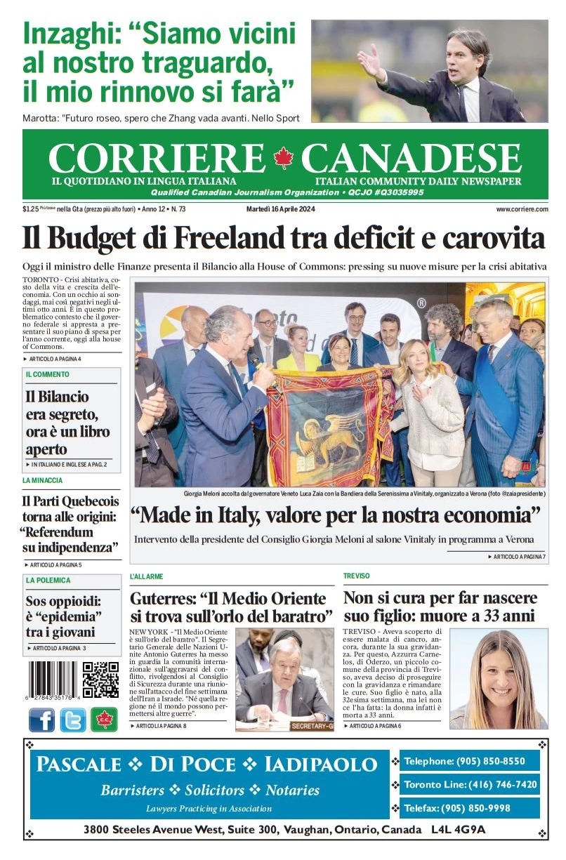 anteprima della prima pagina di corriere-canadese del 16/04/2024