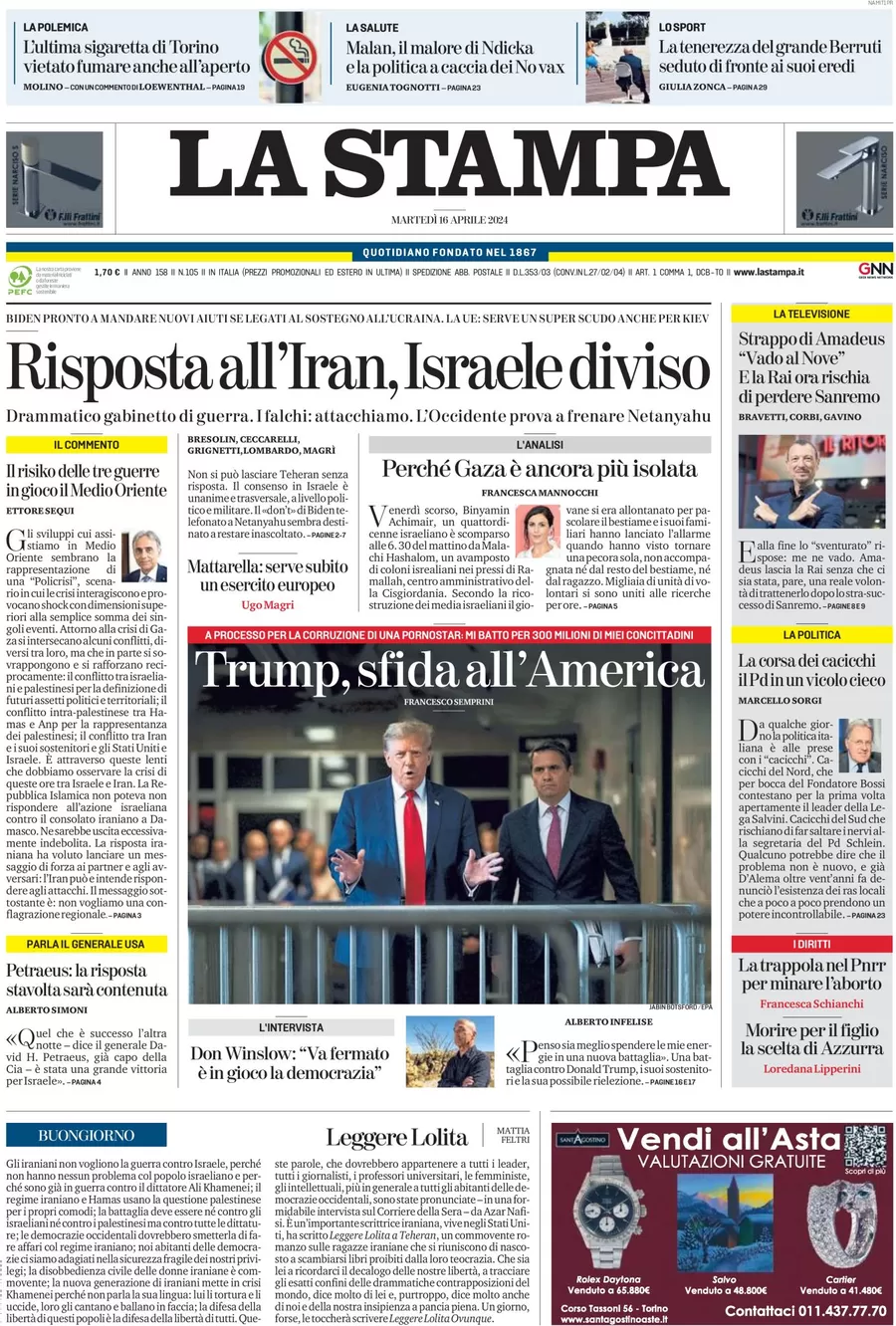 anteprima della prima pagina di la-stampa del 16/04/2024