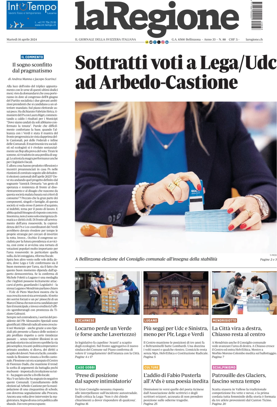 anteprima della prima pagina di la-regione del 16/04/2024