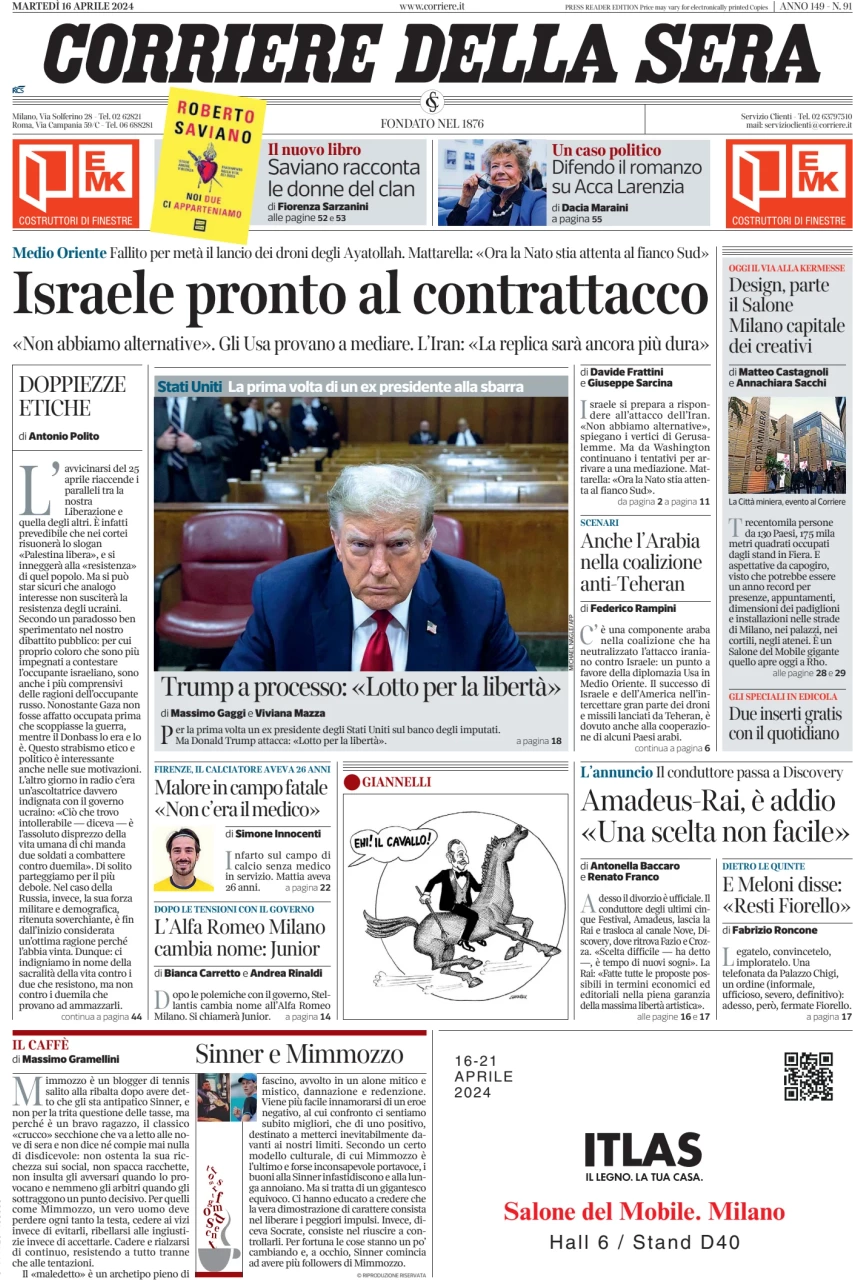 anteprima della prima pagina di corriere-della-sera del 16/04/2024