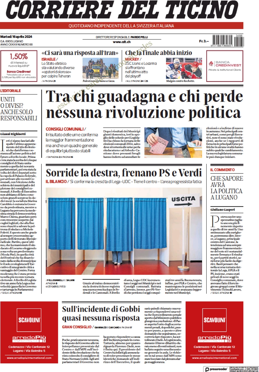 anteprima della prima pagina di corriere-del-ticino del 16/04/2024