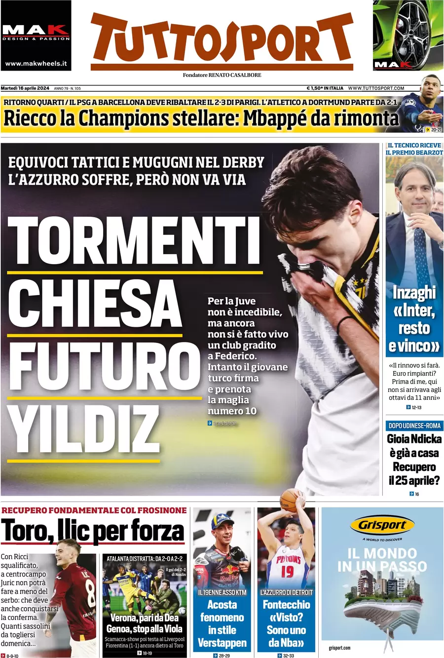 anteprima della prima pagina di tuttosport del 16/04/2024