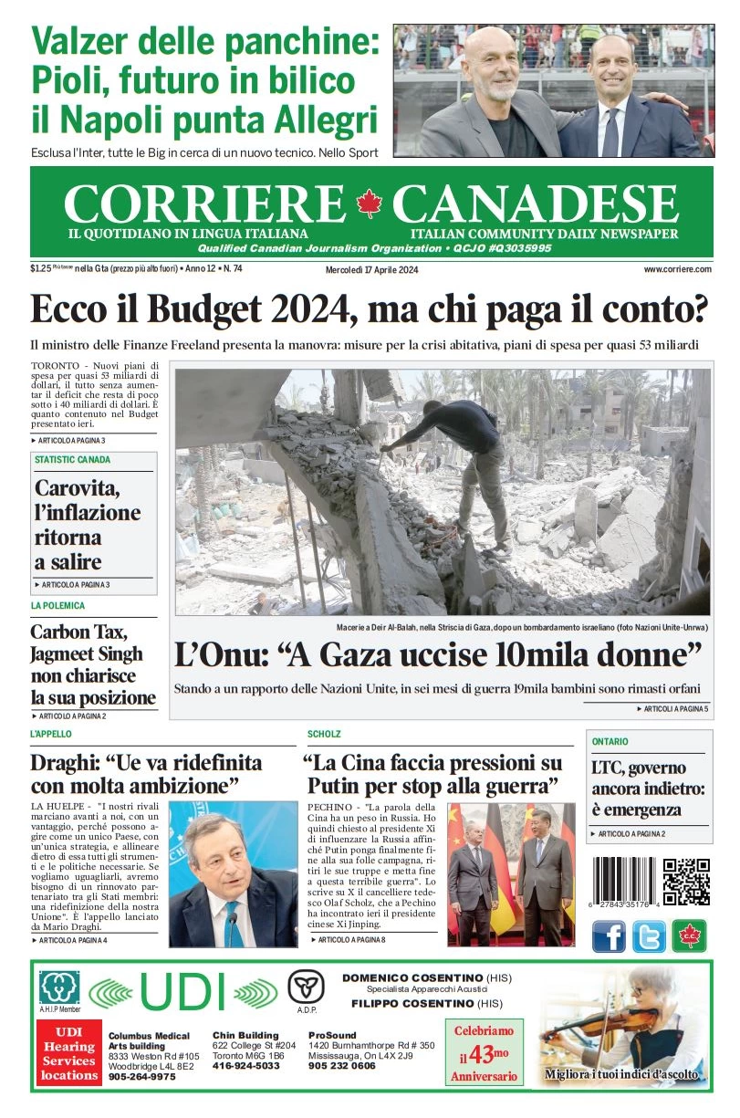 anteprima della prima pagina di corriere-canadese del 17/04/2024