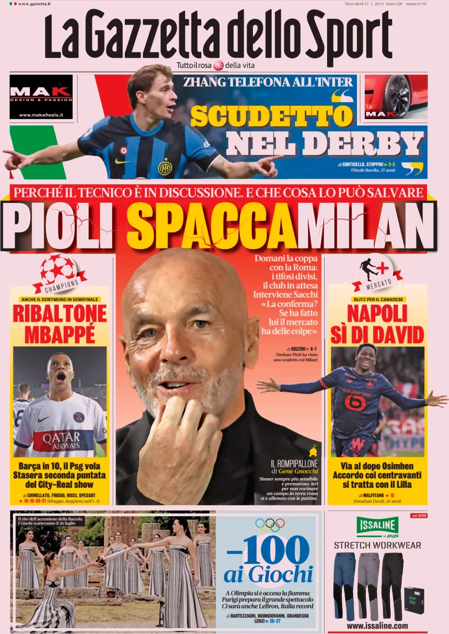 anteprima della prima pagina di la-gazzetta-dello-sport del 17/04/2024