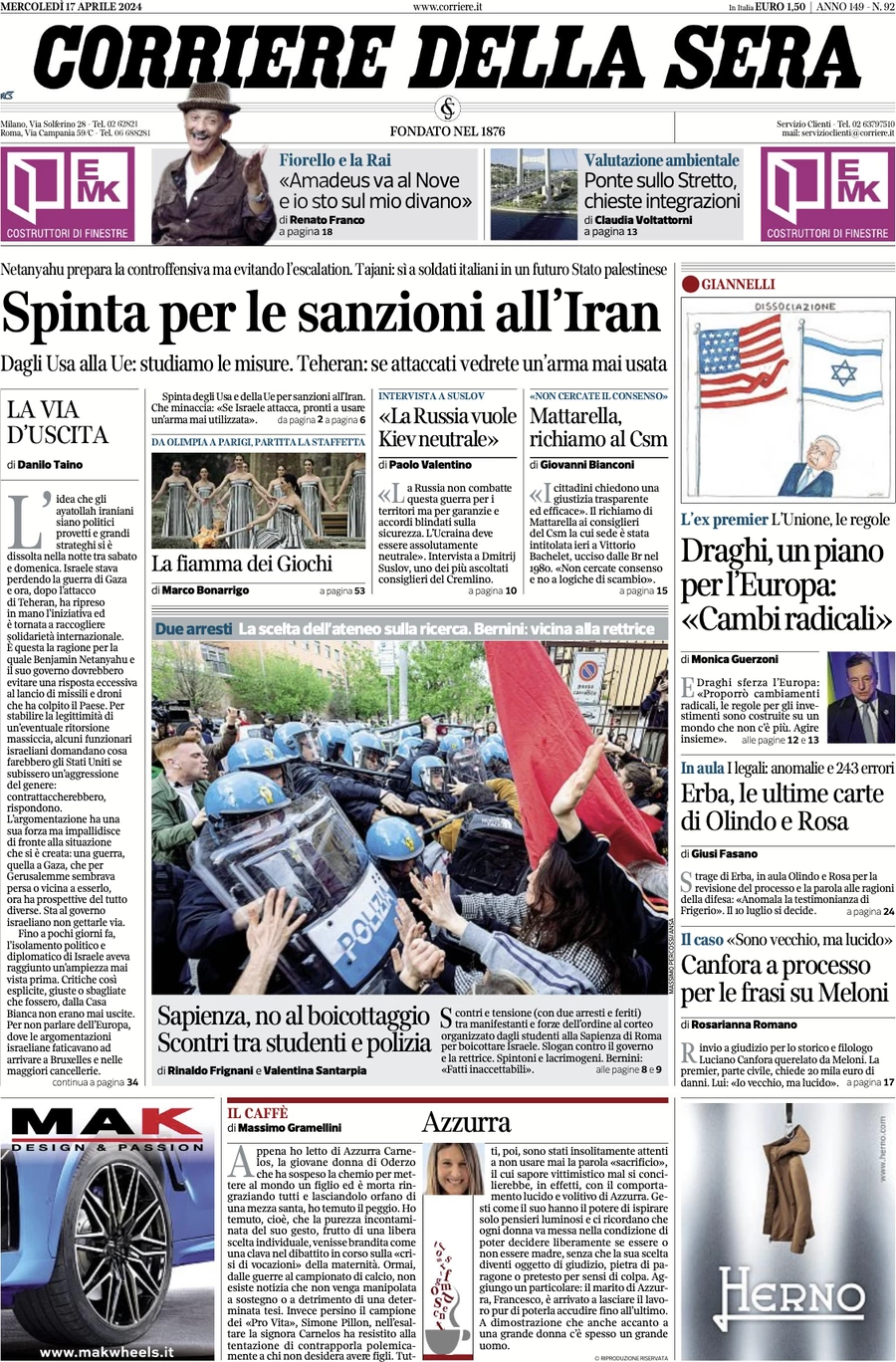 anteprima della prima pagina di corriere-della-sera del 17/04/2024