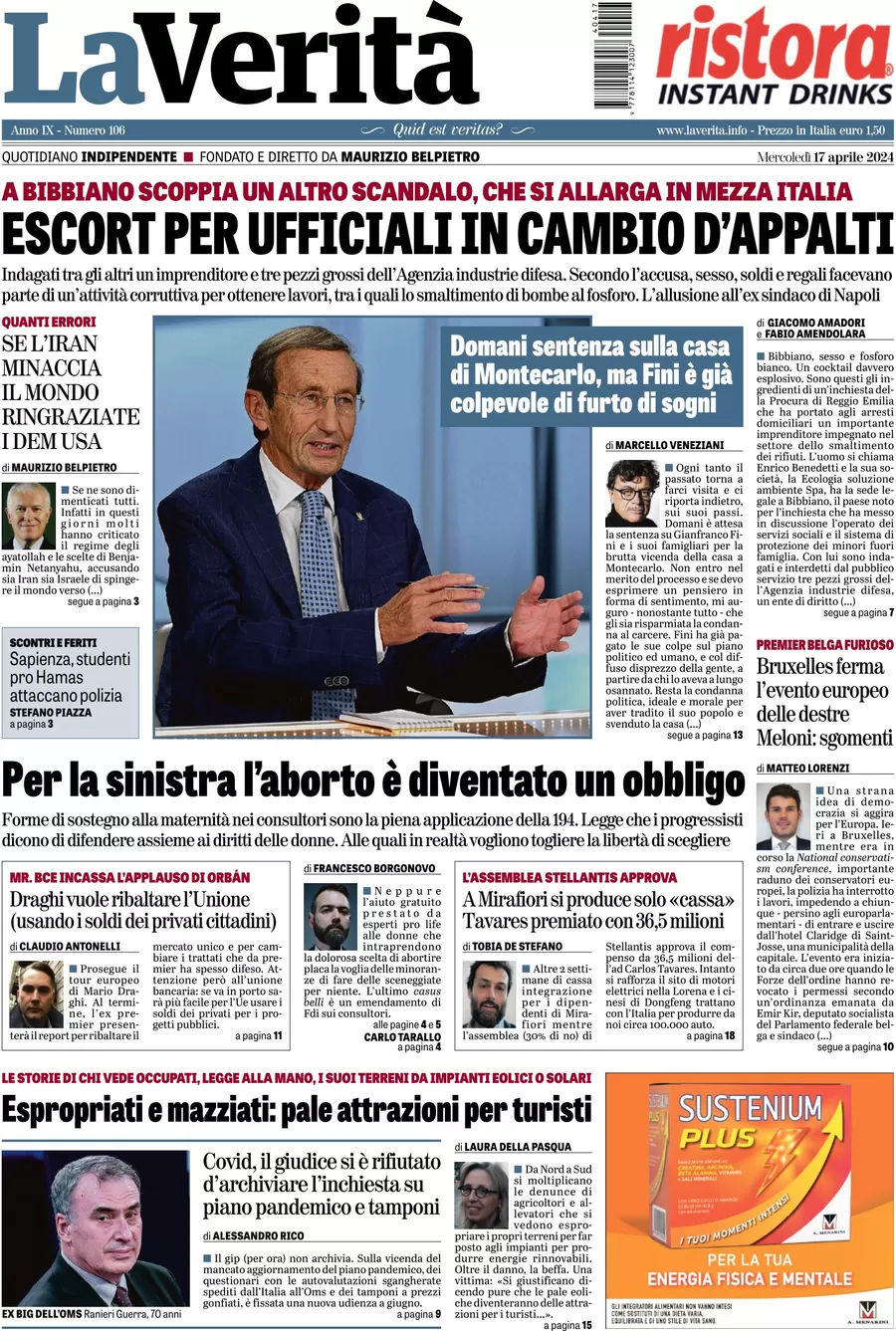 anteprima della prima pagina di la-verit del 17/04/2024