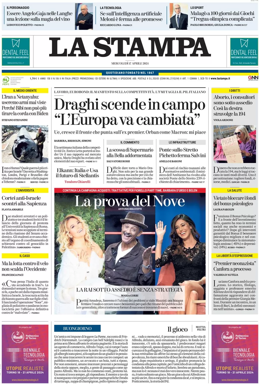 anteprima della prima pagina di la-stampa del 17/04/2024