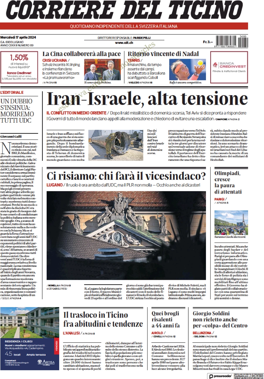 anteprima della prima pagina di corriere-del-ticino del 17/04/2024