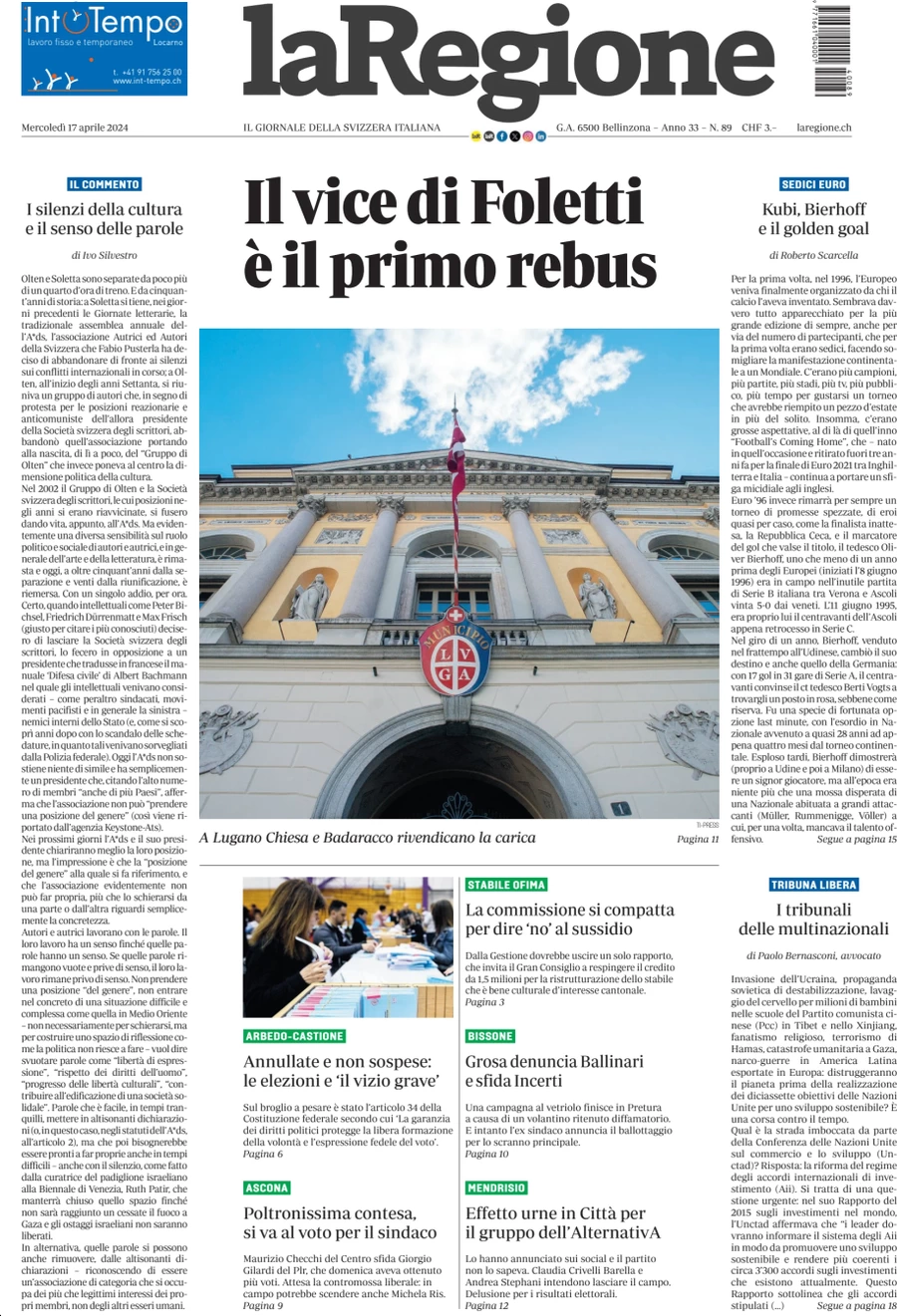 anteprima della prima pagina di la-regione del 17/04/2024