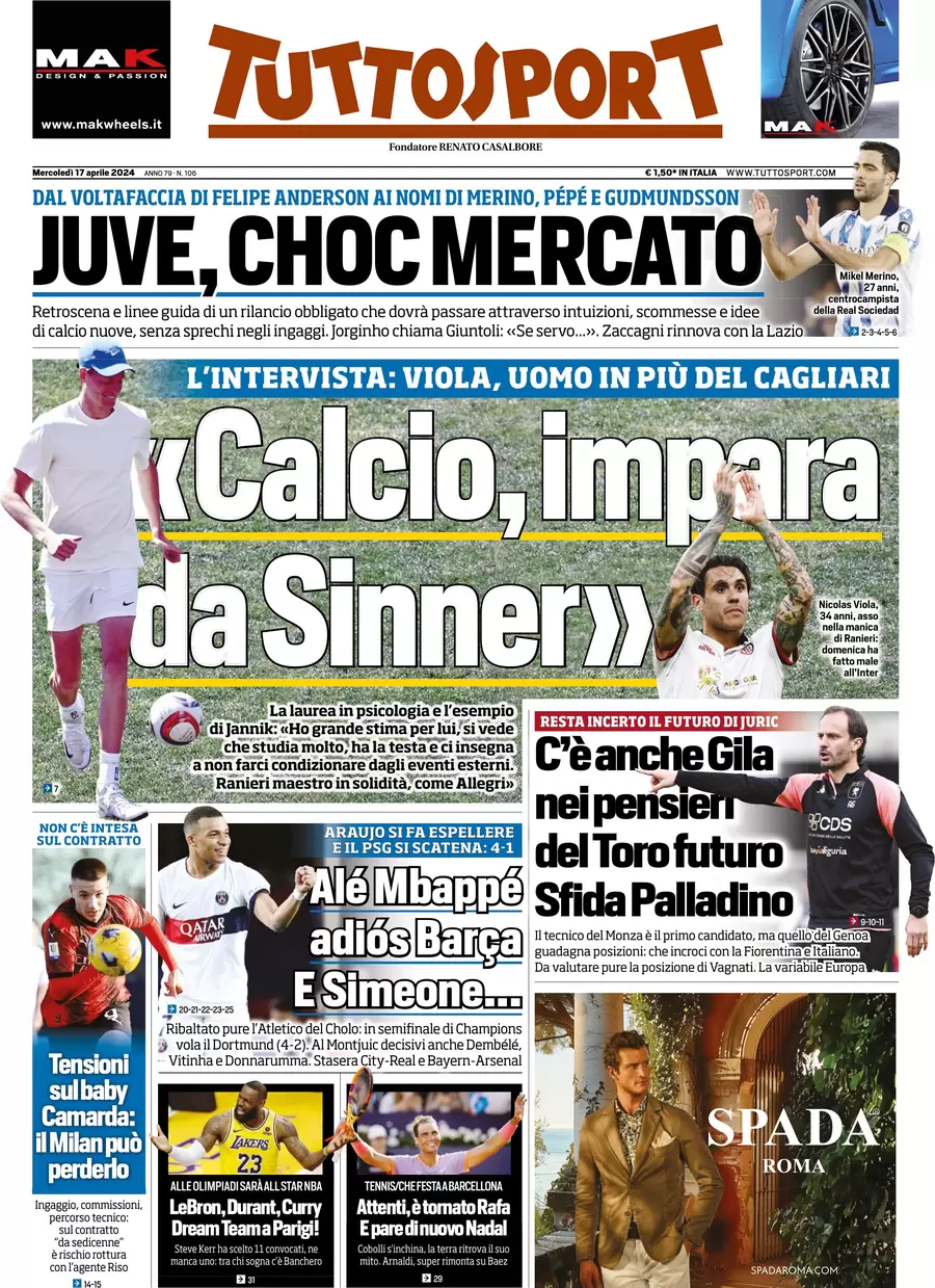 anteprima della prima pagina di tuttosport del 17/04/2024