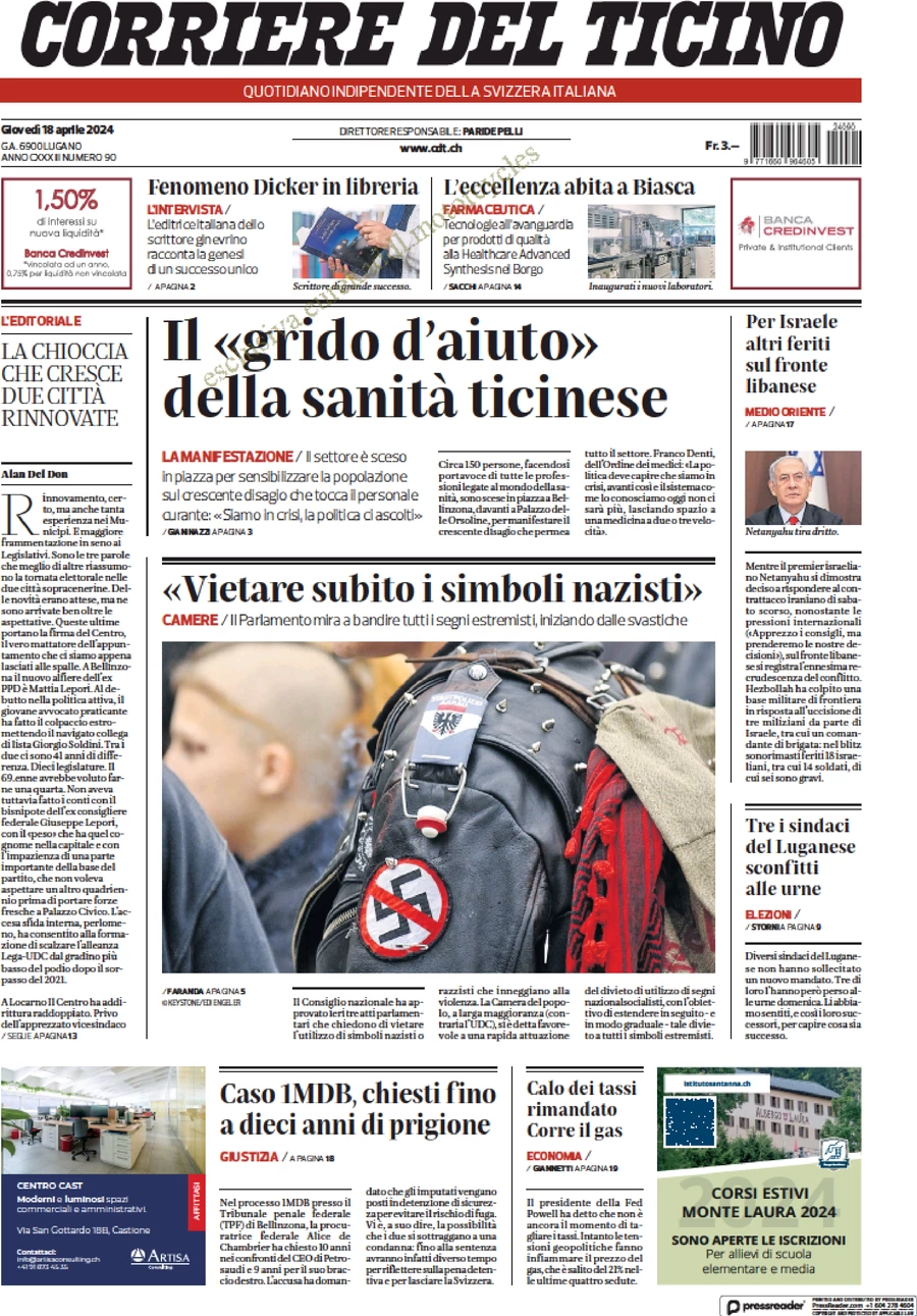 anteprima della prima pagina di corriere-del-ticino del 18/04/2024