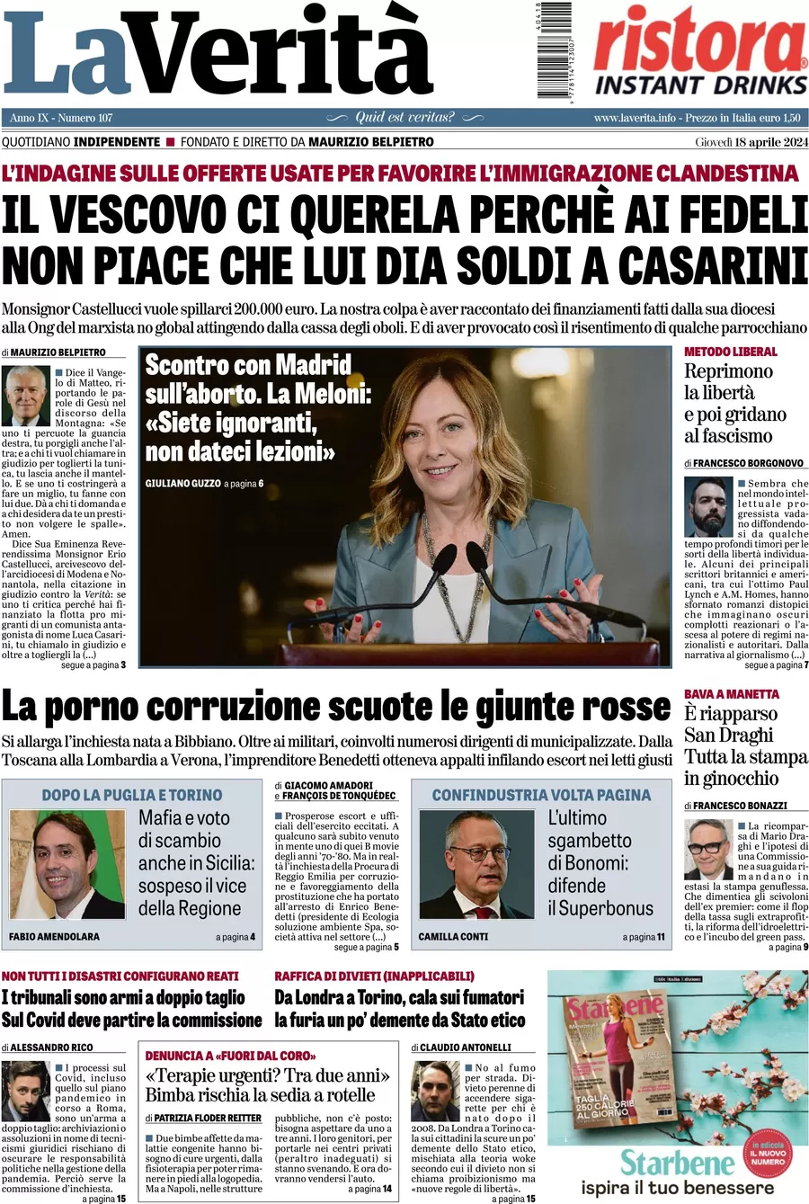 anteprima della prima pagina di la-verit del 18/04/2024