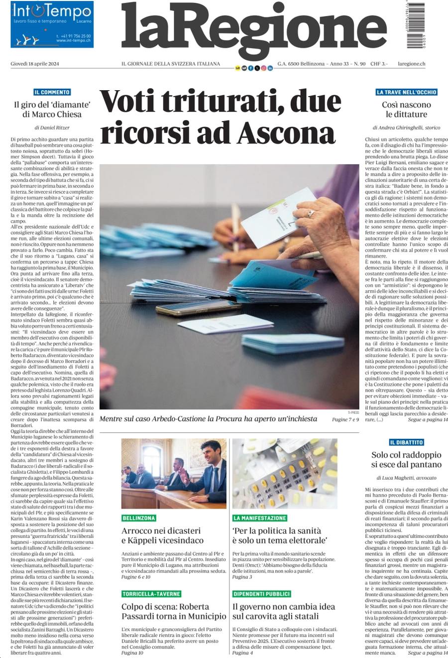 anteprima della prima pagina di la-regione del 18/04/2024