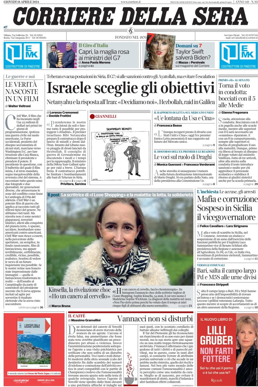 anteprima della prima pagina di corriere-della-sera del 18/04/2024