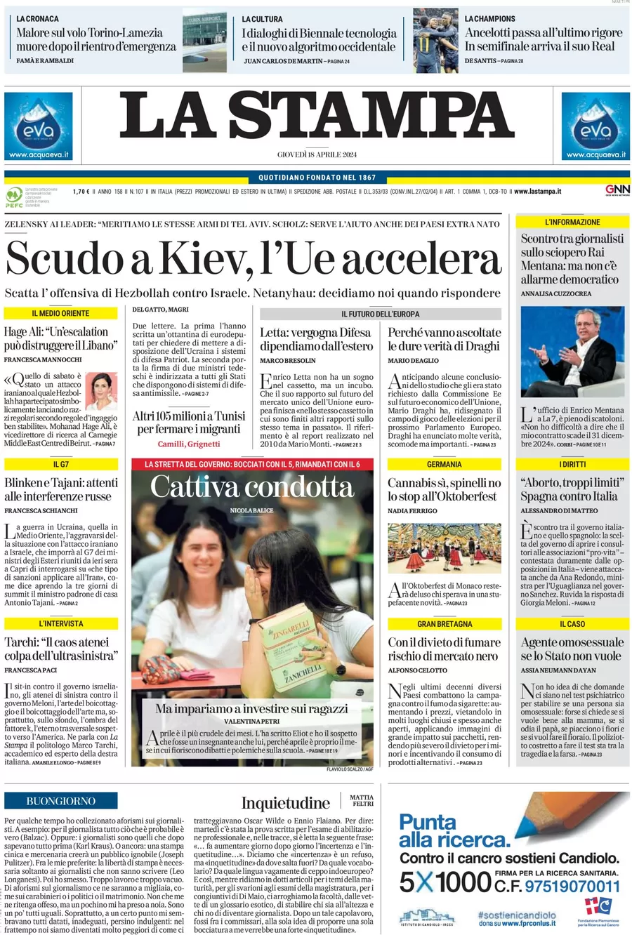 anteprima della prima pagina di la-stampa del 18/04/2024