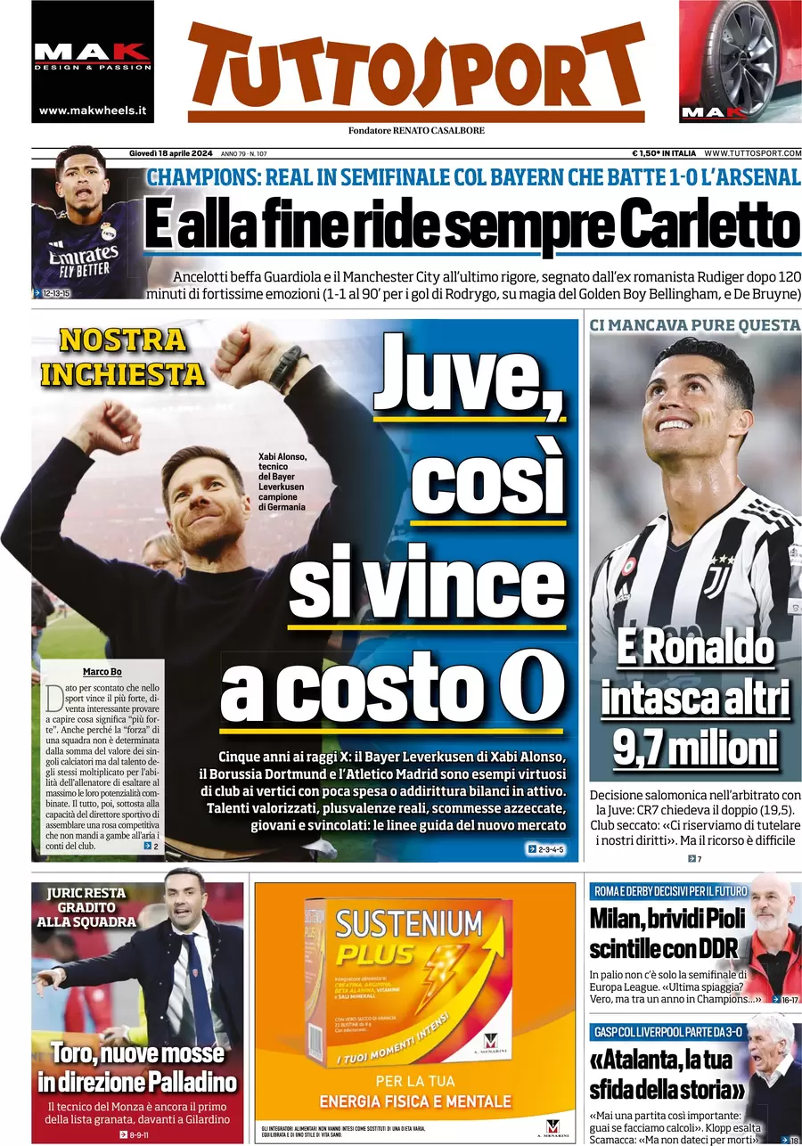 anteprima della prima pagina di tuttosport del 18/04/2024