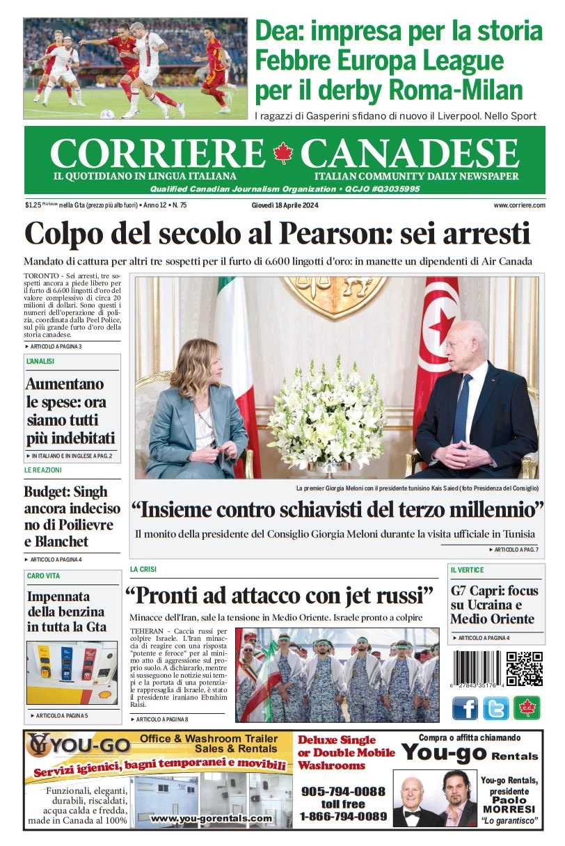 anteprima della prima pagina di corriere-canadese del 18/04/2024