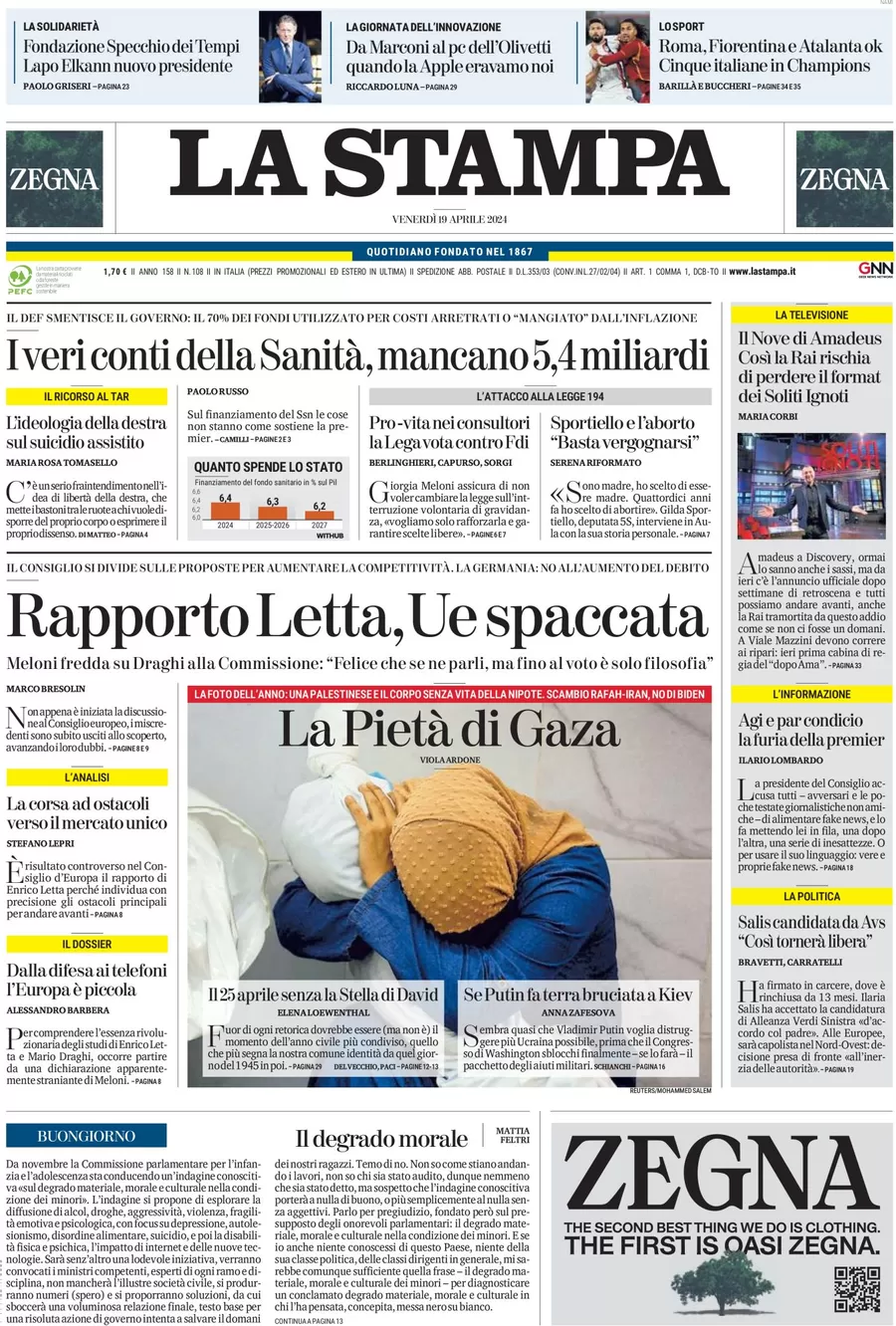 anteprima della prima pagina di la-stampa del 19/04/2024