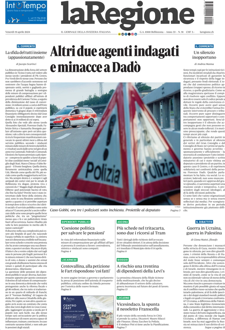 anteprima della prima pagina di la-regione del 19/04/2024