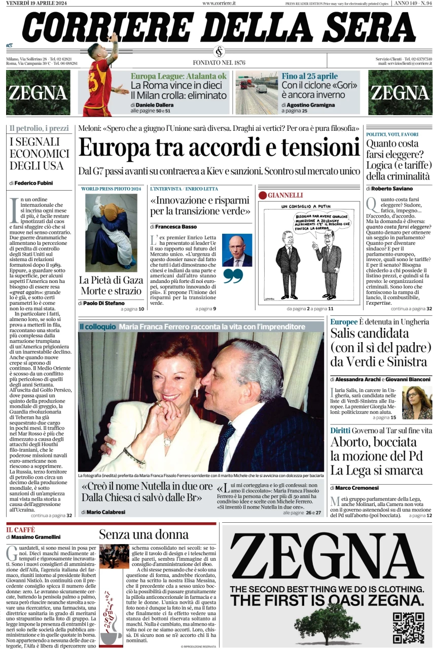 anteprima della prima pagina di corriere-della-sera del 19/04/2024