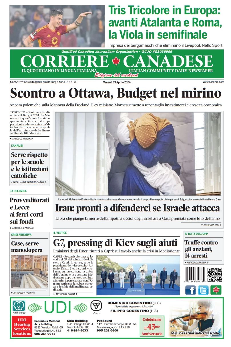 anteprima della prima pagina di corriere-canadese del 19/04/2024