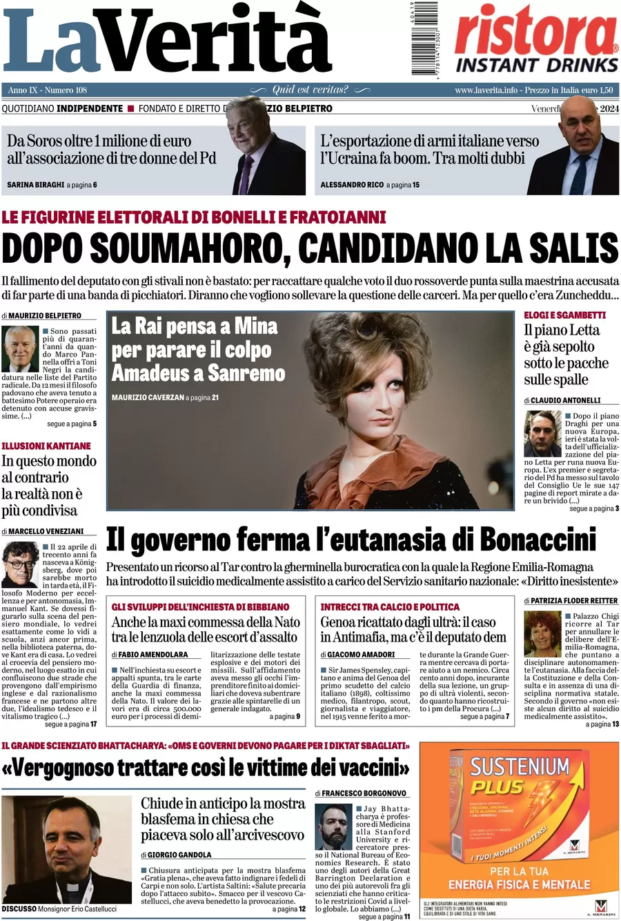 anteprima della prima pagina di la-verit del 19/04/2024