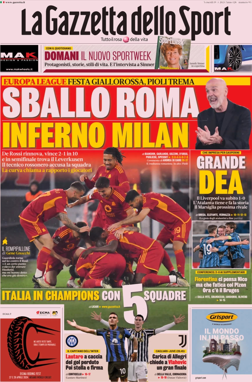 anteprima della prima pagina di la-gazzetta-dello-sport del 19/04/2024