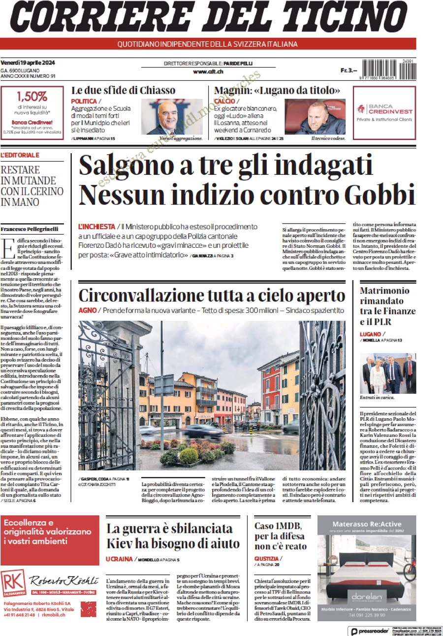 anteprima della prima pagina di corriere-del-ticino del 19/04/2024