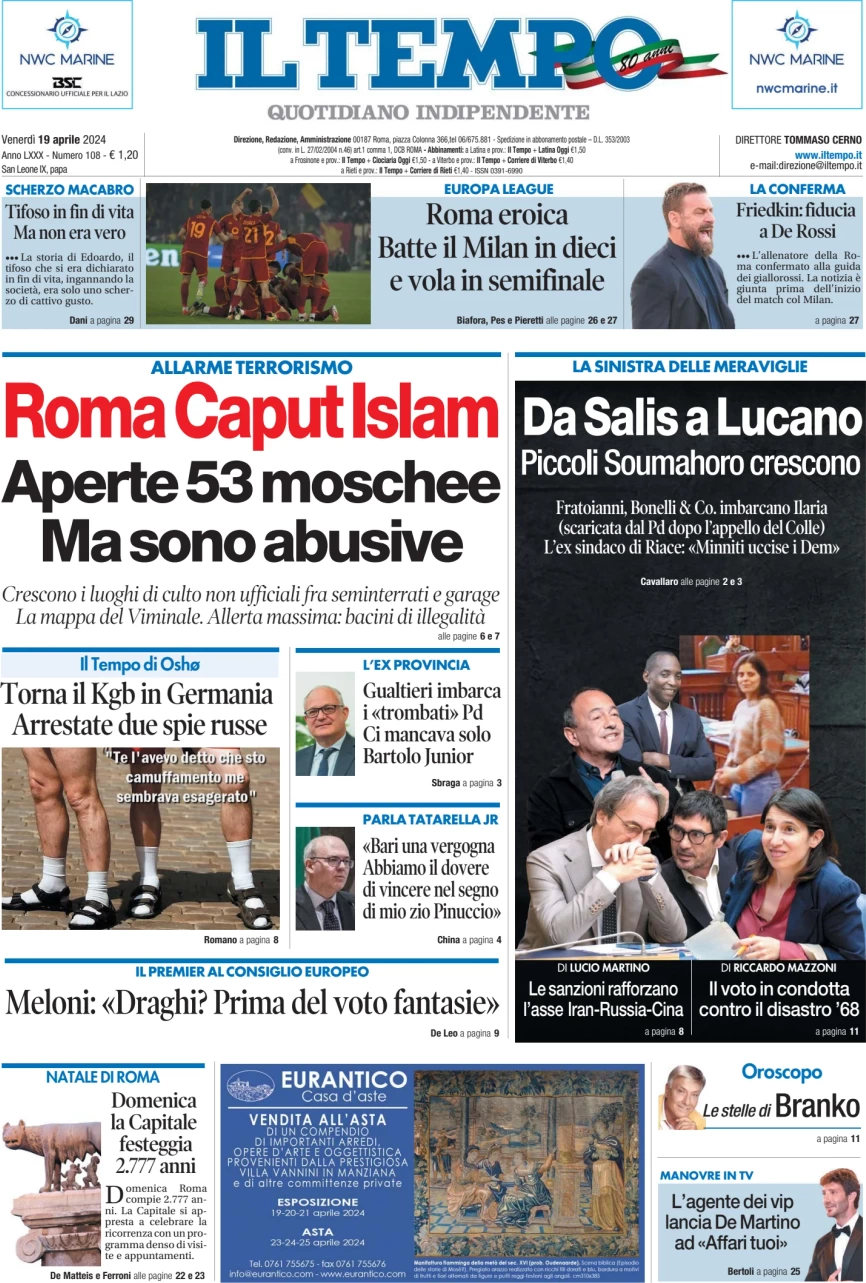 anteprima della prima pagina di il-tempo del 19/04/2024