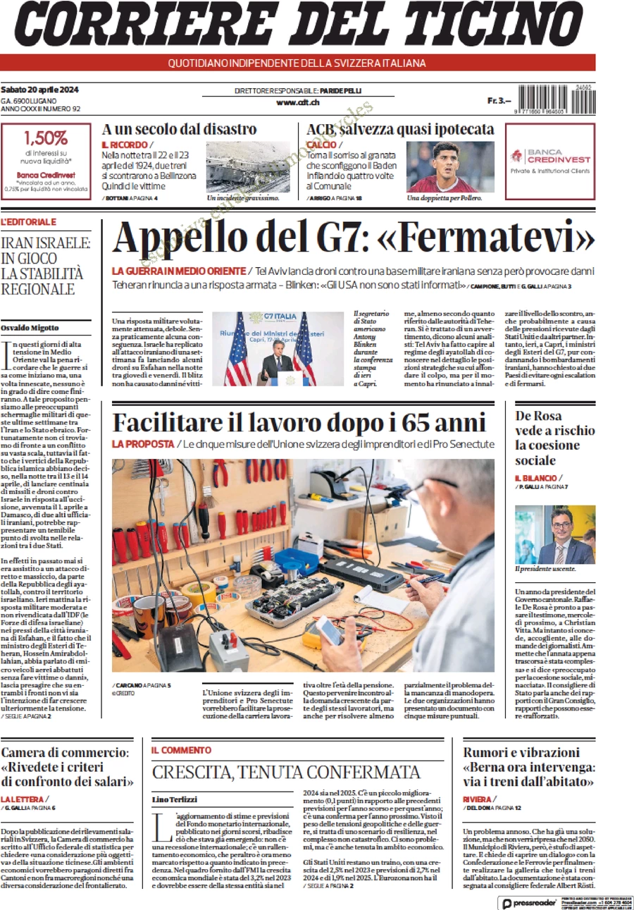 anteprima della prima pagina di corriere-del-ticino del 20/04/2024