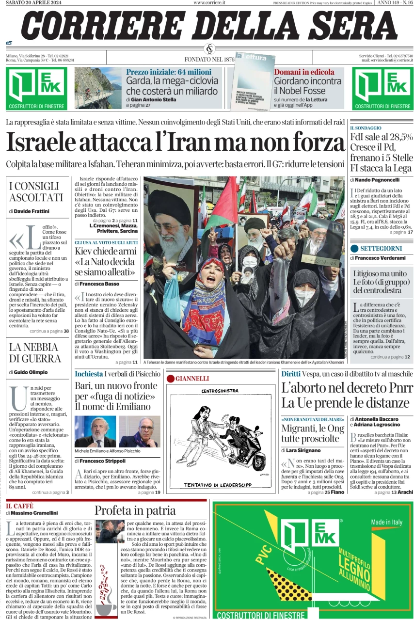 anteprima della prima pagina di corriere-della-sera del 20/04/2024