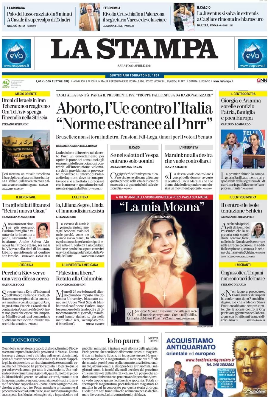 anteprima della prima pagina di la-stampa del 20/04/2024