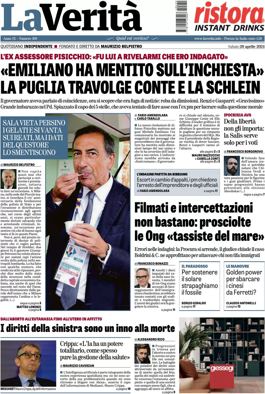 anteprima della prima pagina di la-verit del 20/04/2024