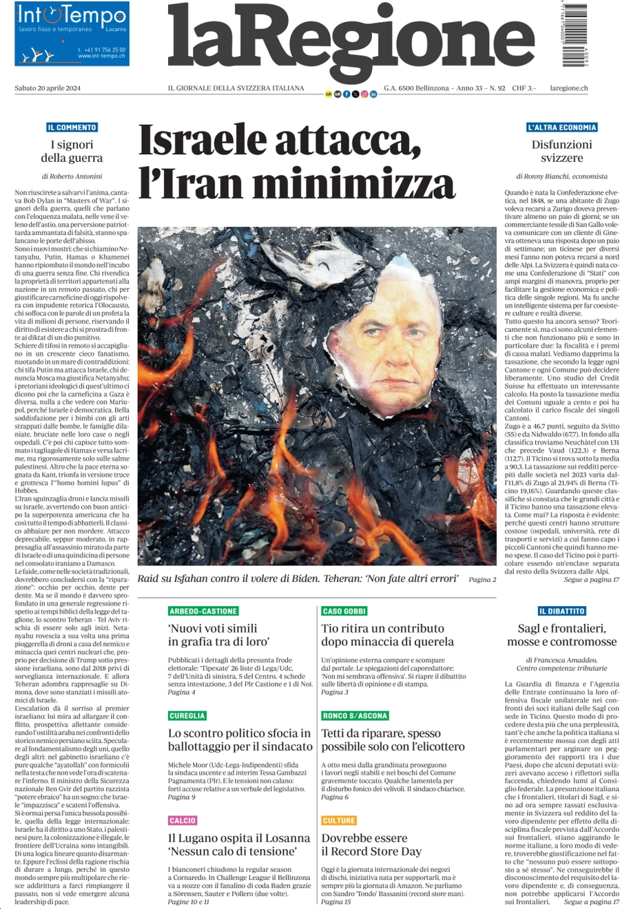 anteprima della prima pagina di la-regione del 20/04/2024