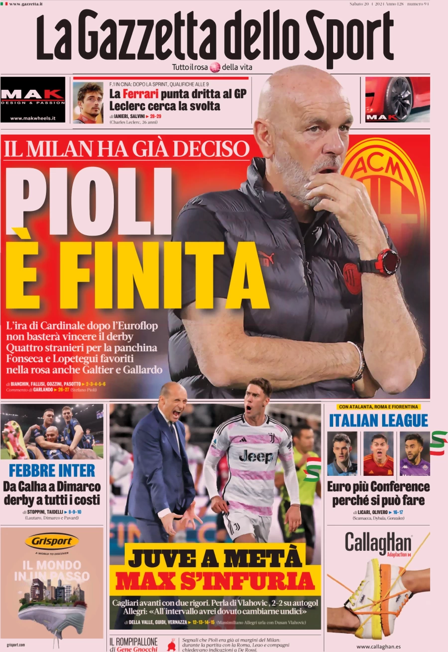 anteprima della prima pagina di la-gazzetta-dello-sport del 20/04/2024