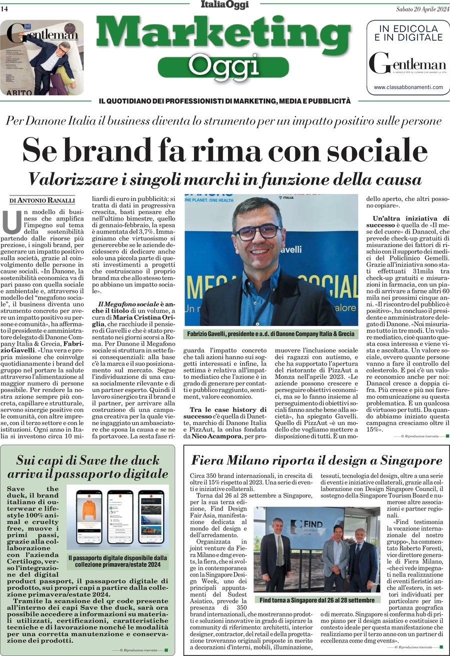 anteprima della prima pagina di marketing-oggi del 20/04/2024