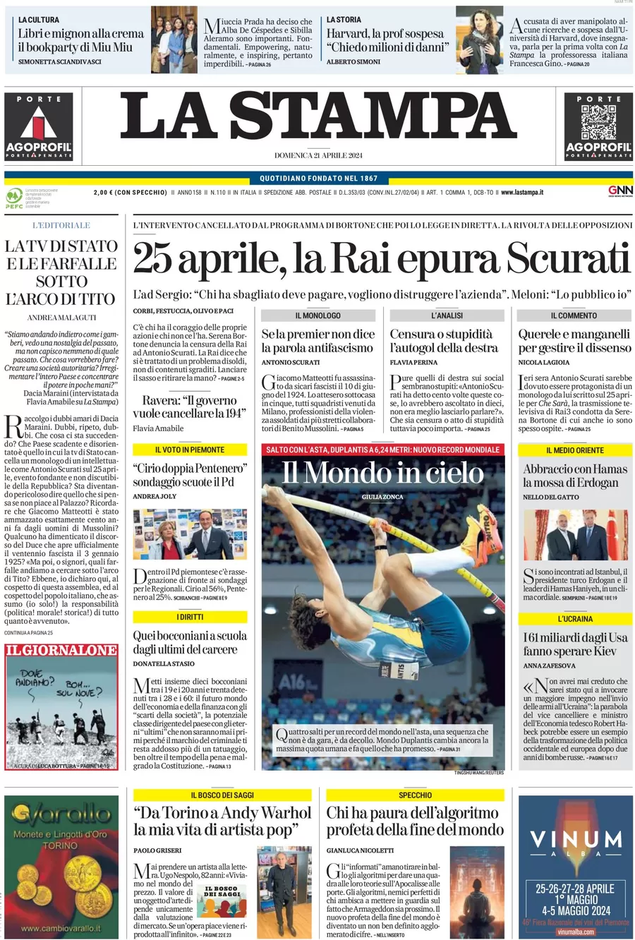 anteprima della prima pagina di la-stampa del 21/04/2024