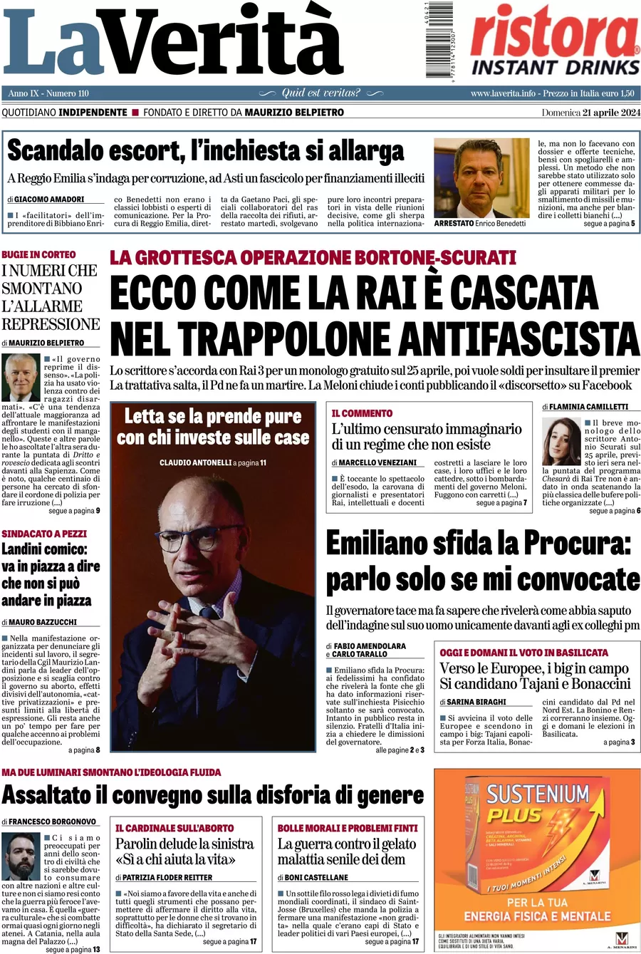 anteprima della prima pagina di la-verit del 21/04/2024