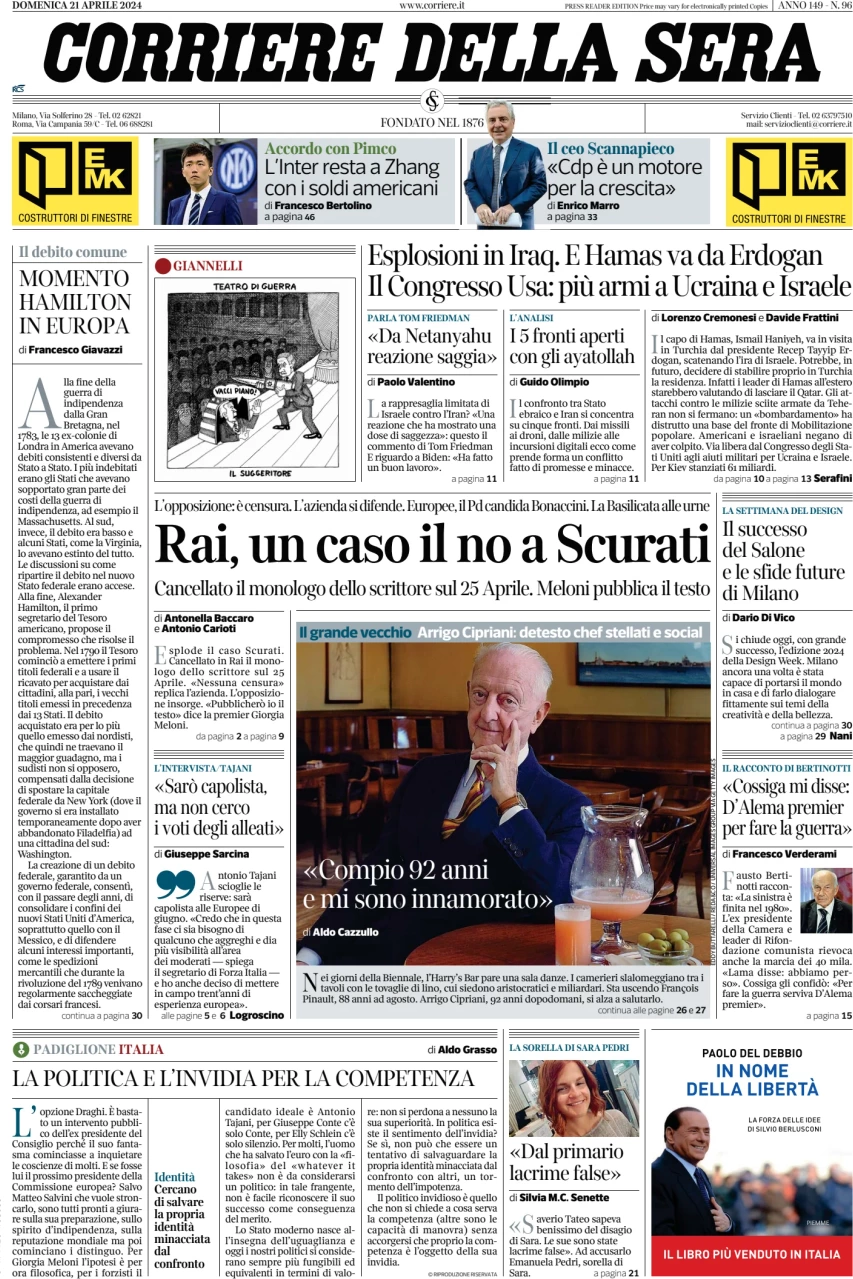 anteprima della prima pagina di corriere-della-sera del 21/04/2024