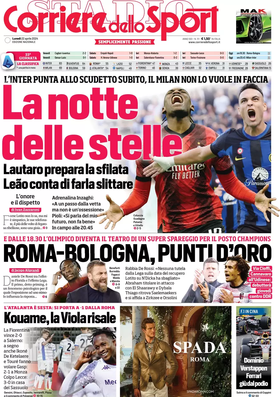 anteprima della prima pagina di corriere-dello-sport del 22/04/2024