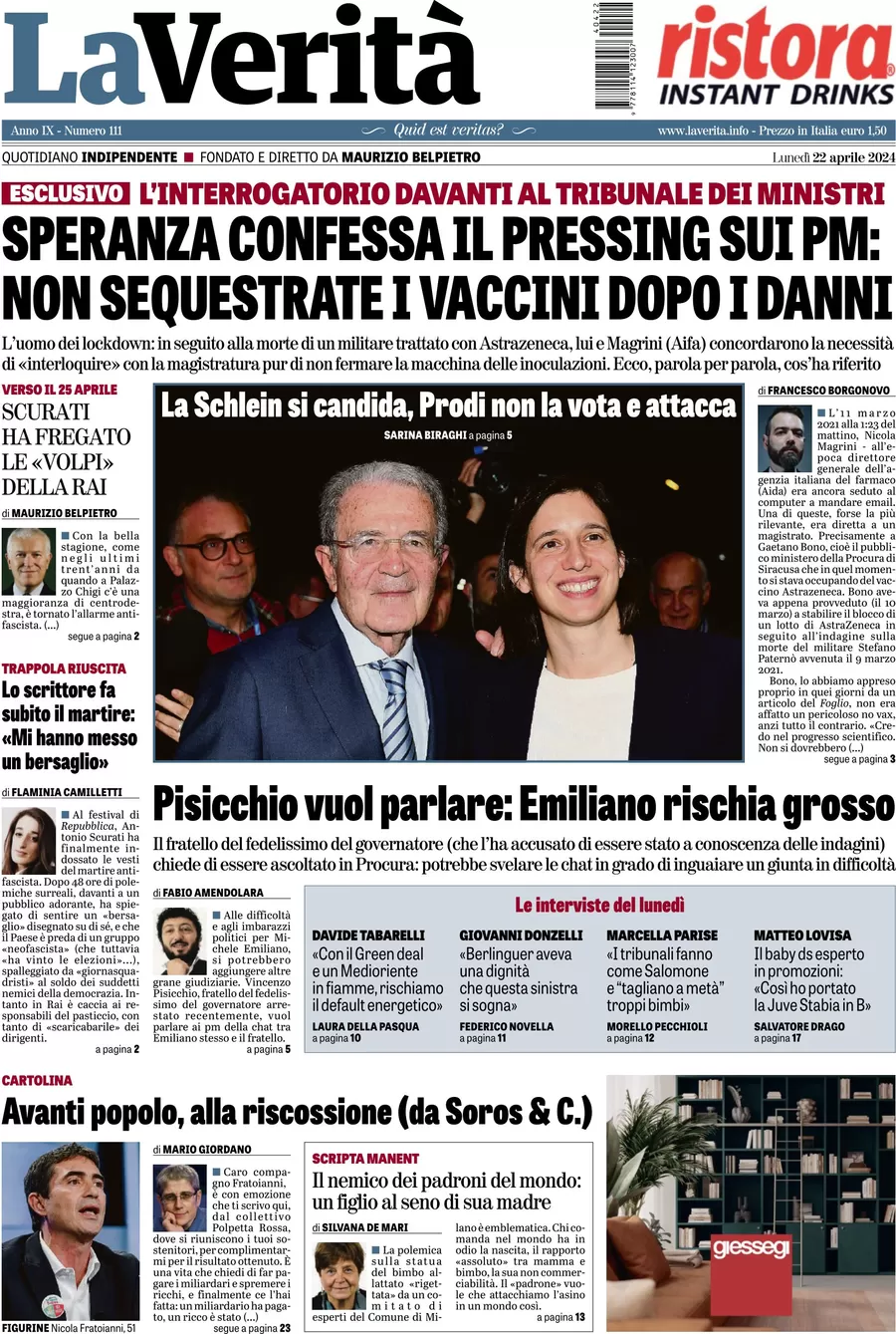 anteprima della prima pagina di la-verit del 22/04/2024