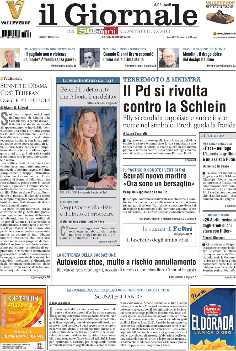 anteprima della prima pagina di il-giornale del 22/04/2024