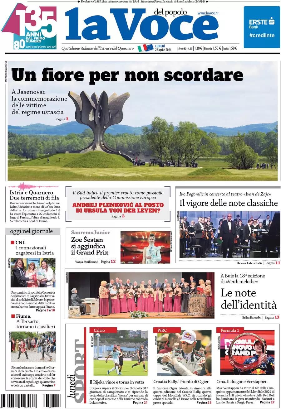 anteprima della prima pagina di la-voce-del-popolo del 22/04/2024