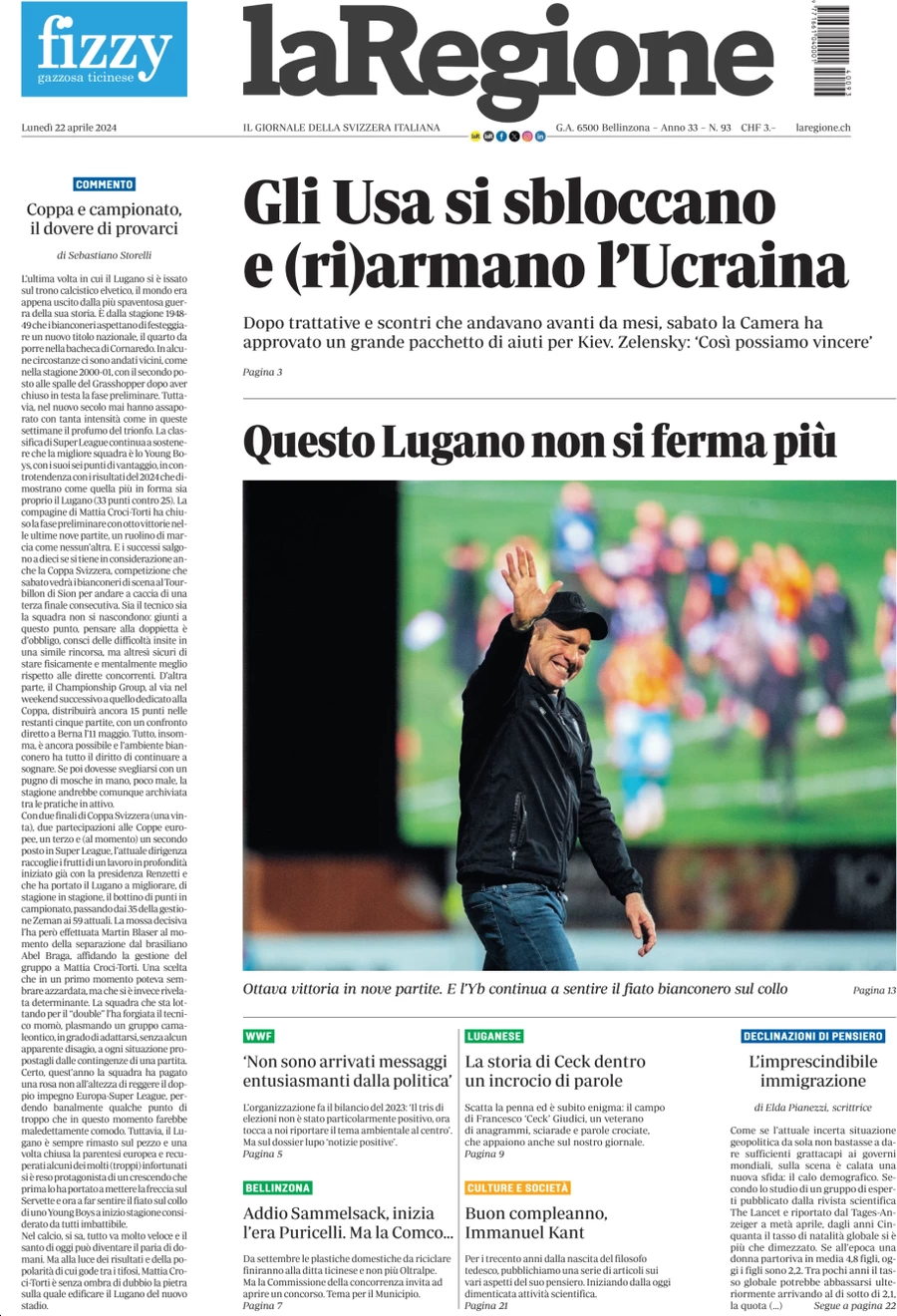 anteprima della prima pagina di la-regione del 22/04/2024