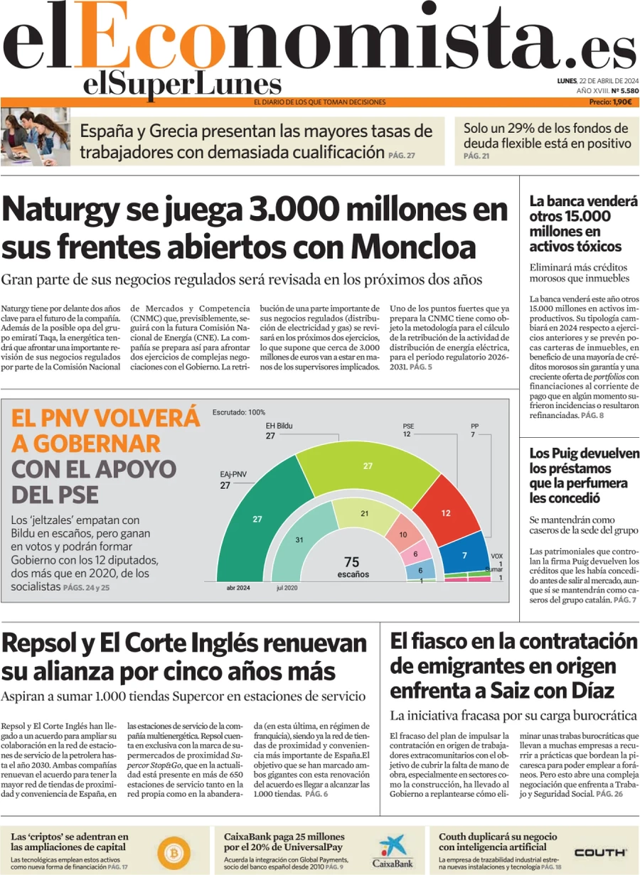 anteprima della prima pagina di el-economista del 22/04/2024